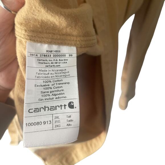 Carhartt Men 2XL Tall Yellow Flannel Heavy‎ Workwear Long Sleeve Button Up - Picture 6 of 9